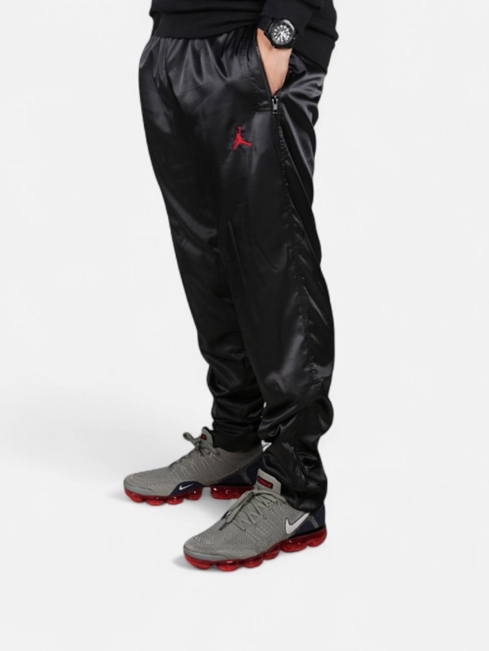 Jordan Men's Black Satin Track Pants with Red Jumpman XS